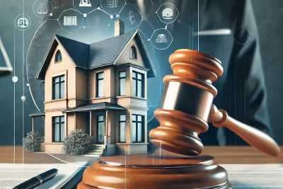 Ilustración de un contrato de multipropiedad con un mazo de juez y documentos legales